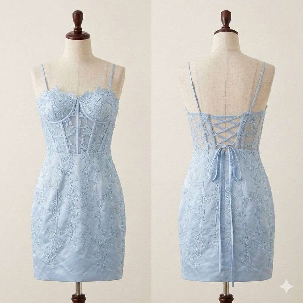Light Blue Lace up sheer CORSET Mini Dress Fairycore Coquette Hoco PROM XS 0 - 2